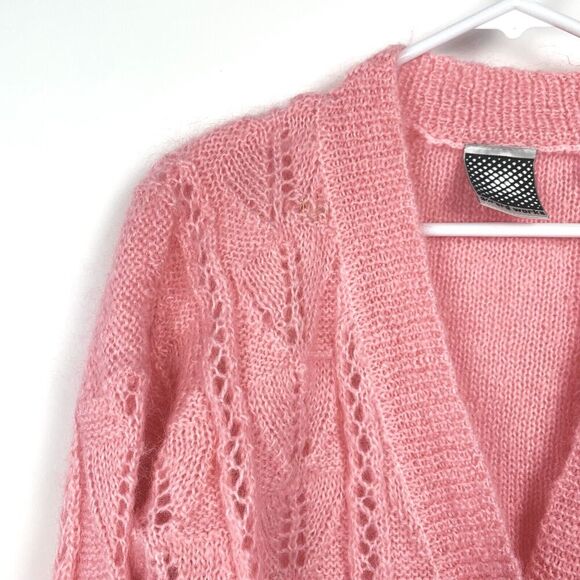 Vintage Gerard Works Pink Open Weave Short Knit Mohair Blend Cardigan Small - Picture 2 of 9
